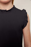 G5859-BLACK Sleeveless Ruffle Mock Neck Tank Top Front Detail