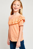 G5893 PEACH Asymmetrical Ruffle T-Shirt Front