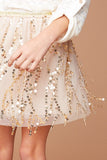 G6086 Champagne Girls Sequined Mesh Skirt With Elastic Waistband Detail