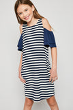 G6147 NAVY Cold-Shoulder Stripe Dress Alternate Angle