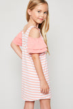 G6147 PINK Cold-Shoulder Stripe Dress Back