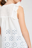 G6200 OFF WHITE Eyelet Ruffle Sleeveless Top Back Detail