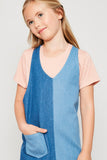 G6209 Denim Mix Girls Two-Toned Sleeveless Denim Mini Dress Detail