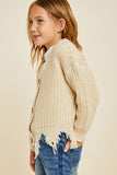 G6279 Cream Girls Distressed Hem Button-Down Cropped Cardigan Side