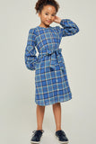 G6433-BLUE Plaid Button-Down Midi Dress Front