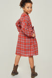 G6433-RED Plaid Button-Down Midi Dress Back