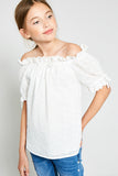 G6520 Off White Girls Eyelet Off-Shoulder Ruffle Trim Top Side