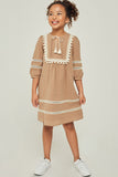 G6551-MOCHA Pom-Pom Peasant Mini Dress Alternate Angle