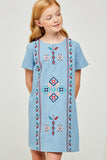 G6559 Lt Denim Girls Embroidered Stitch Detail Shift Dress Front