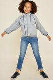 G6658-H.GREY Ruffle Mock Neck  Zip-Up Jacket Front