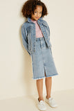 G6907-DENIM Frayed Denim Trucker Jacket Front