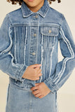 G6907-DENIM Frayed Denim Trucker Jacket Front Detail