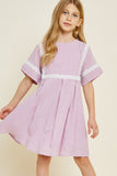 G6925-LAVENDER Crochet Mini Babydoll Dress Front