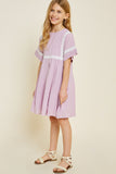 G6925-LAVENDER Crochet Mini Babydoll Dress Front Detail