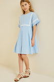 G6925-SKY Crochet Mini Babydoll Dress Front