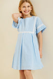 G6925-SKY Crochet Mini Babydoll Dress Alternate Angle