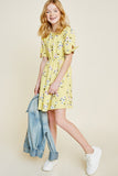 G7020-YELLOW MIX Floral Tie-Sleeve Mini Babydoll Dress Alternate Angle