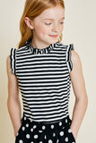 G7071-BLACK Stripe Ruffle Mock Neck Tank Top Alternate Angle