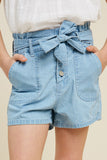 G7251-Light DENIM Belted High-Rise Paperbag Shorts Alternate Angle