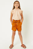 G7251-Light DENIM Belted High-Rise Paperbag Shorts Front