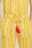 G7340-YELLOW Printed Tassel-Tie Jumpsuit Front Detail