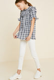 G7410-BLACK Plaid Ruffle Mock Neck Top Alternate Angle