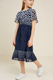 G7647-NAVY Polka-Dot Flutter Sleeve Midi Dress Alternate Angle