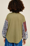 G7651-LT OLIVE Patchwork Sleeve Waffle Knit Long Sleeve Top Back