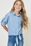 G7775-LIGHT DENIM Front-Tie Button-Down Collared Top Front