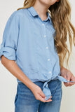 G7775-LIGHT DENIM Front-Tie Button-Down Collared Top Front Detail