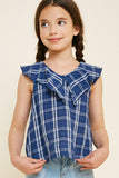 G7808-NAVY Plaid Ruffle Collar Tank Front