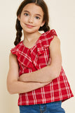 G7808 Red Girls Plaid Ruffle Collar Tank Front