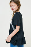 G7890-BLACK Embroidered Ruffle Hem Tunic Top Back