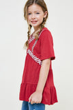 G7890-BURGUNDY Embroidered Ruffle Hem Tunic Top Alternate Angle