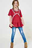 G7890-BURGUNDY Embroidered Ruffle Hem Tunic Top Full Body