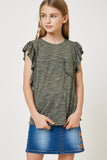 G7967-GREEN Heathered Ruffle Pocket T-Shirt Front