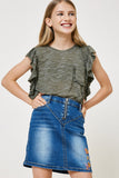 G7967-GREEN Heathered Ruffle Pocket T-Shirt Full Body