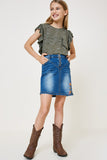 G7967-GREEN Heathered Ruffle Pocket T-Shirt Full Body