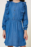 G7981-MEDIUM DENIM Denim Button-Down Ruffle Mini Dress Front Detail