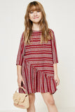 G8119-BURGUNDY Printed Ruffle Mini Swing Dress Front