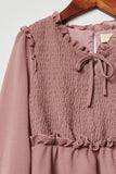 G8143-MAUVE Smock Baby Doll Mini Dress Front Detail