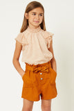 G8174-CARAMEL Floral Smock Neck Blouse Front