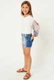 G8230-DENIM Frayed Colorblock Denim Shorts Alternate Angle