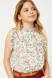 G9204-OFF WHITE Floral Ruffle Button-Down Top Front Detail