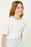 G9246-OFF WHITE Ruffle High Neck Puff Sleeve Top Front