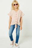 G9275 TAUPE Stripe Linen Button-Down Top Alt Front