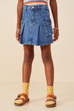 GB0009 Denim Girls Pleat Detail Denim Cargo Skirt Front