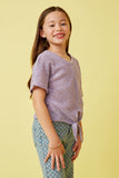 GDK1907 Lavender Girls Textured Ribbed Tie Front V Neck Top Side