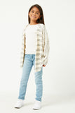 GDN4060 IVORY Girls Ribbed Knit Striped Open Cardigan Full Body