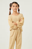 GDN4152 Mustard Girls Brushed Stripe Puff Sleeve Knit Top Front